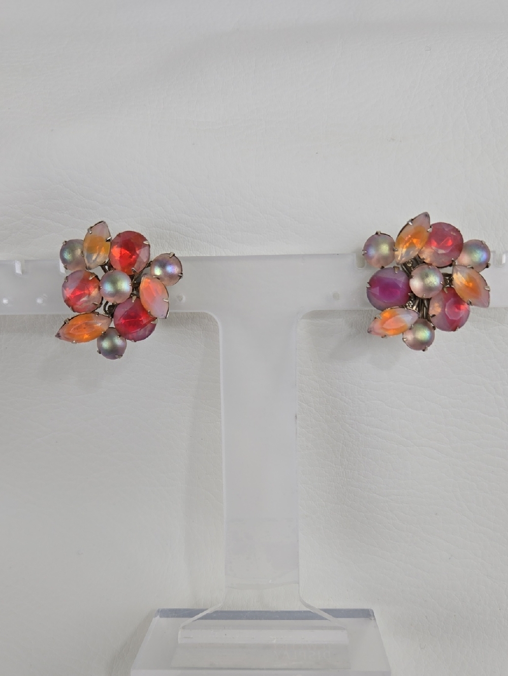 Vintage Cluster Crystal Clip On Earrings in Frosted Red, Orange and Off White